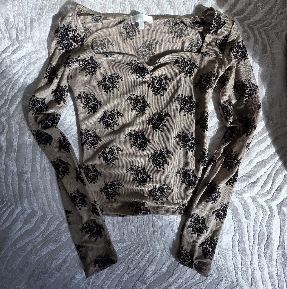 Floral Long Sleeve Top - Olive Green Sheer Top
